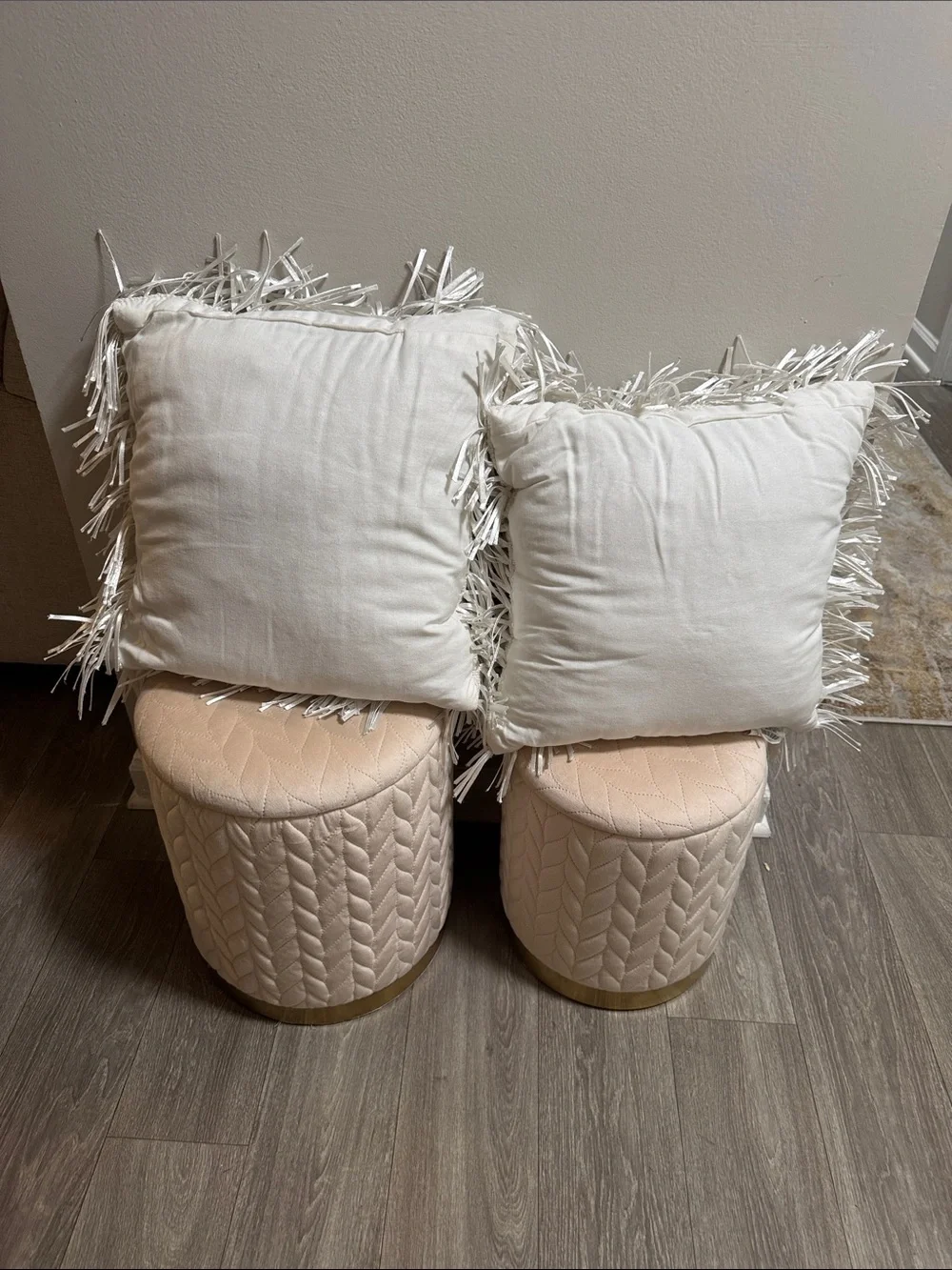 2 fringe Shag Decorative Throw Pillows - Cream/White